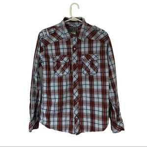 BKE Long Sleeve Shirt Size Medium Mens Plaid Pearl Snap Slim Fit